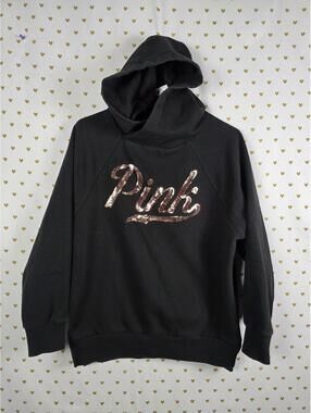 Victorias Secret Pink BLING Rose Gold Sequined Logo Hoodie Pullover XS